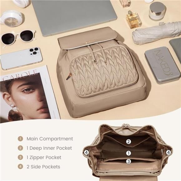 Small Backpack for Daily Use, Khaki - Picture 3 of 5